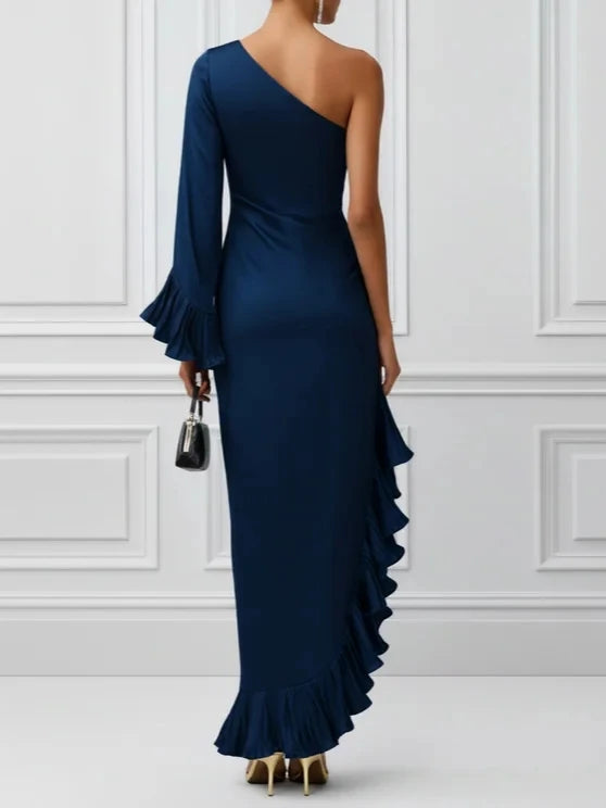 Cascade Ruffle-Sleeve Satin Gown