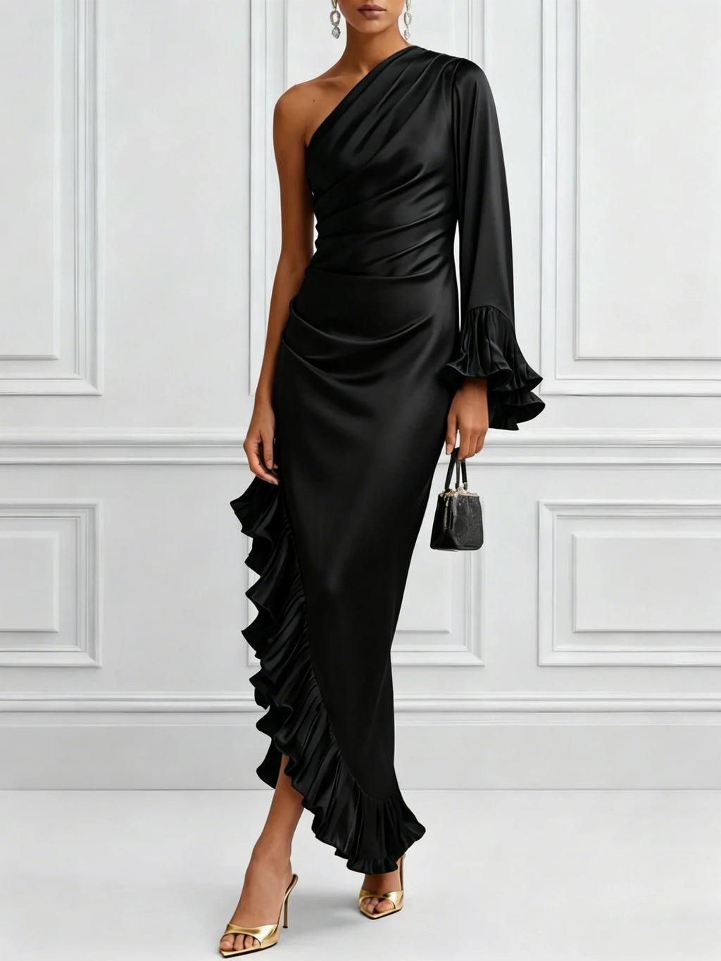Cascade Ruffle-Sleeve Satin Gown