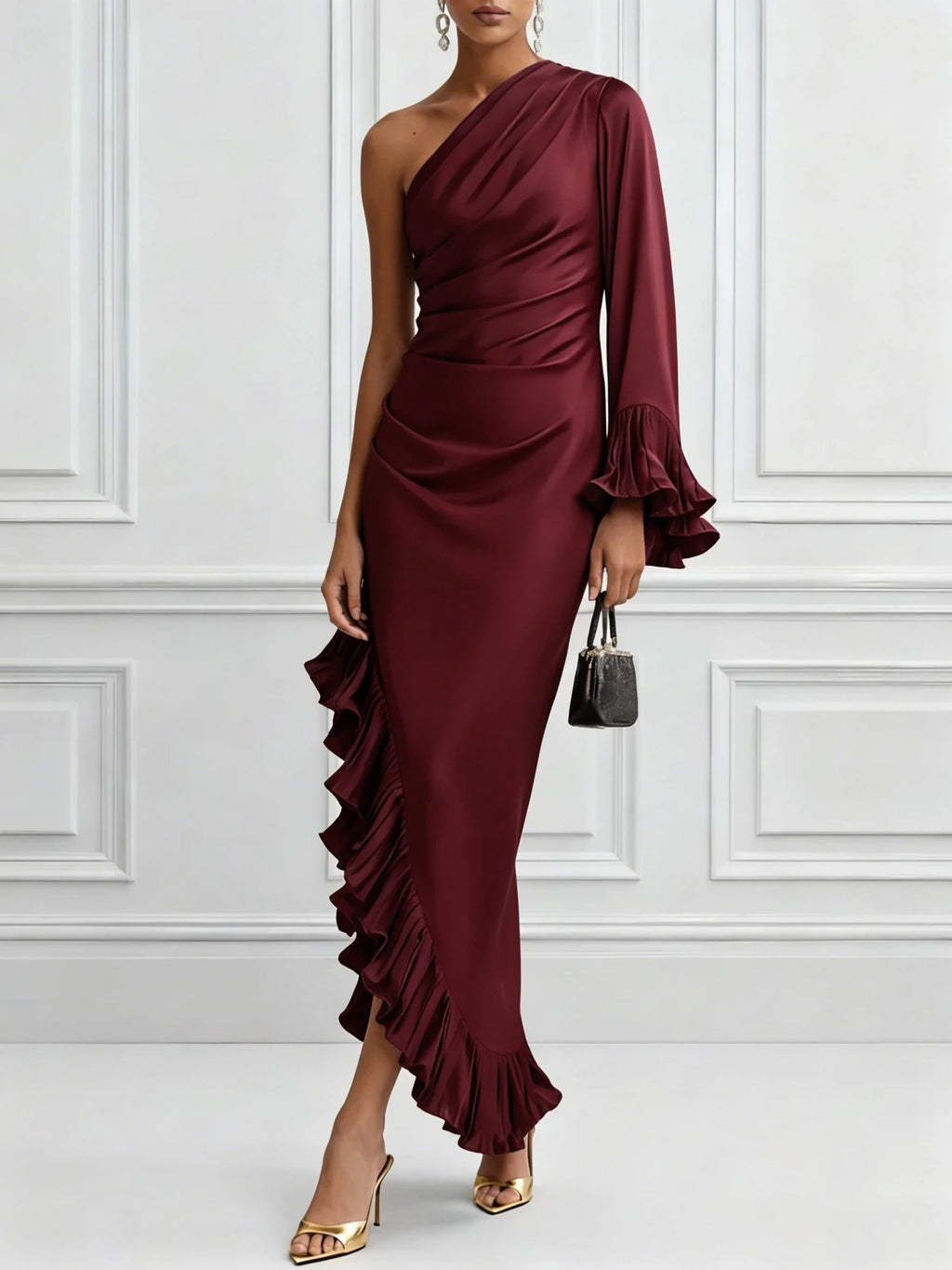 Cascade Ruffle-Sleeve Satin Gown