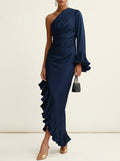 Cascade Ruffle-Sleeve Satin Gown